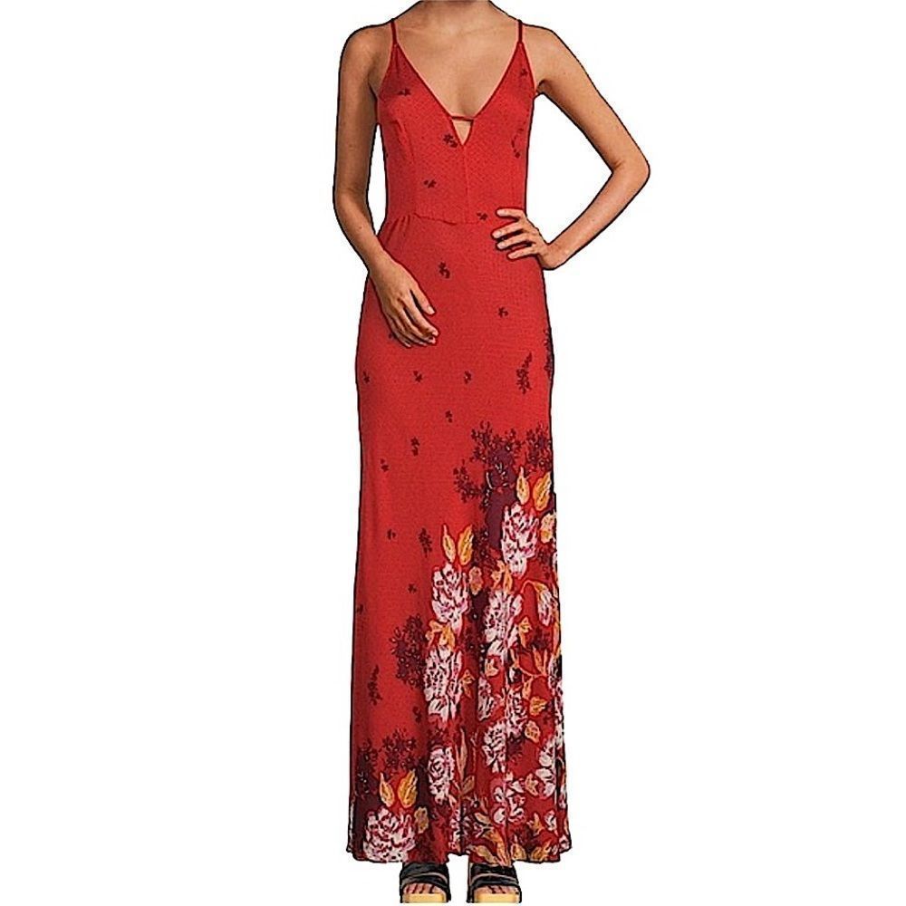 Free People Get To You Printed Maxi Slip Dress Scarlet Combo NWT $118